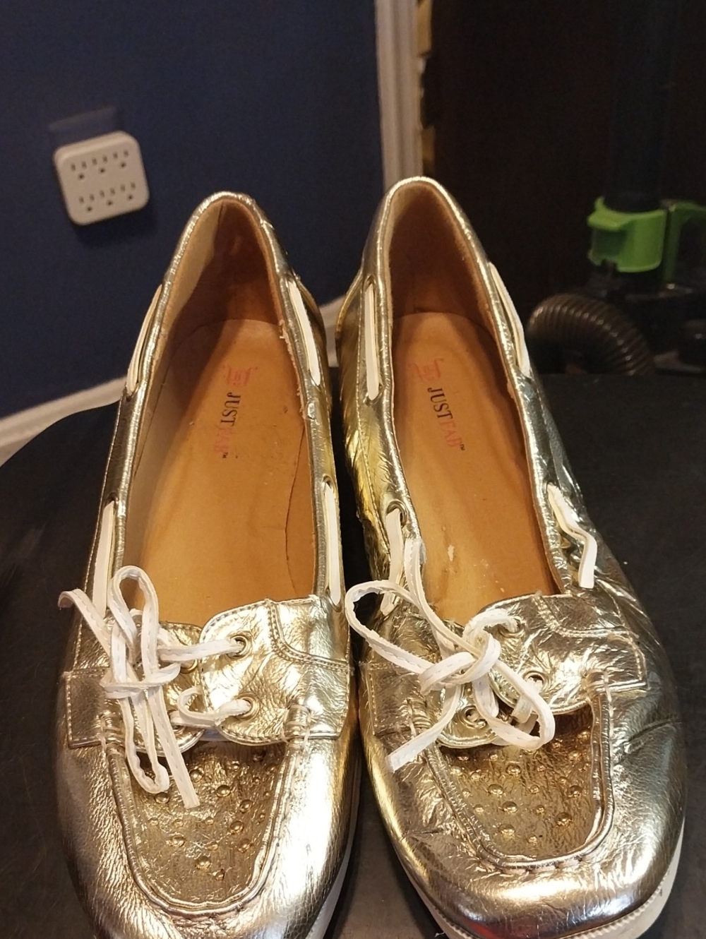 Zara Just Fab Metallic Gold Slip-On Boat Loafers with White Laces